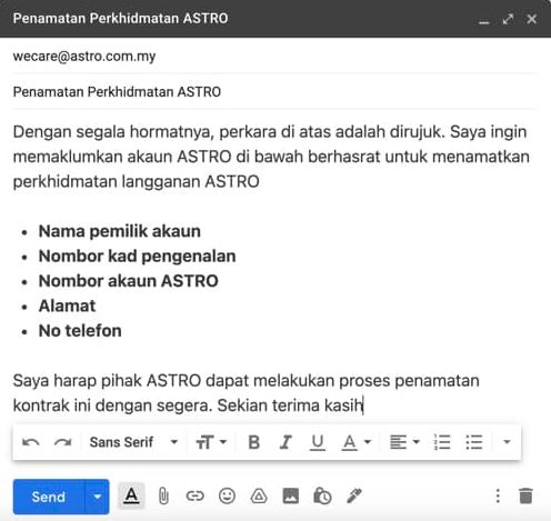 Cara Terminate Astro Melalui Email