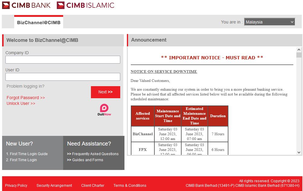 Log Masuk CIMB BizChannel